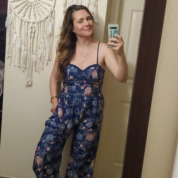 Band of Gypsies Pants - Band of Gypsies Large Blue Floral Jumpsuit